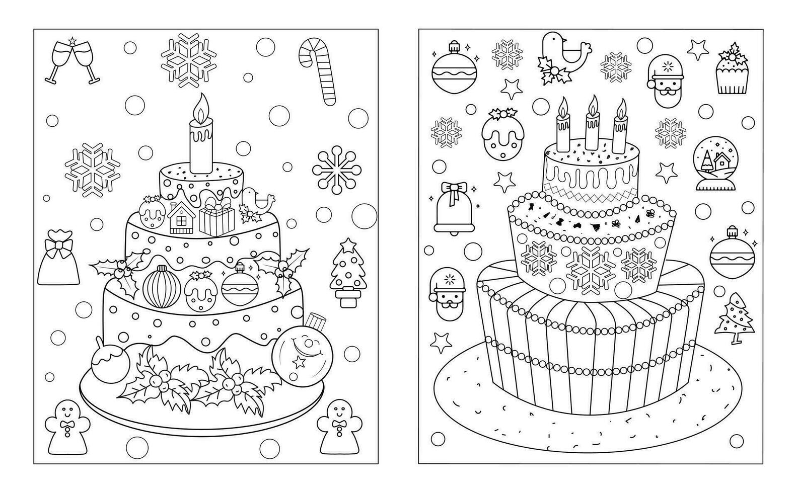 Christmas cake with festive decoration. Baked sponge dessert with Xmas stick, gingerbread house, firs, berries. vector