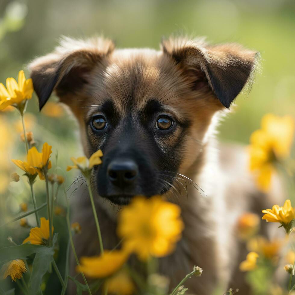 linda perro con floreciente flores ai generado, ai generativo foto