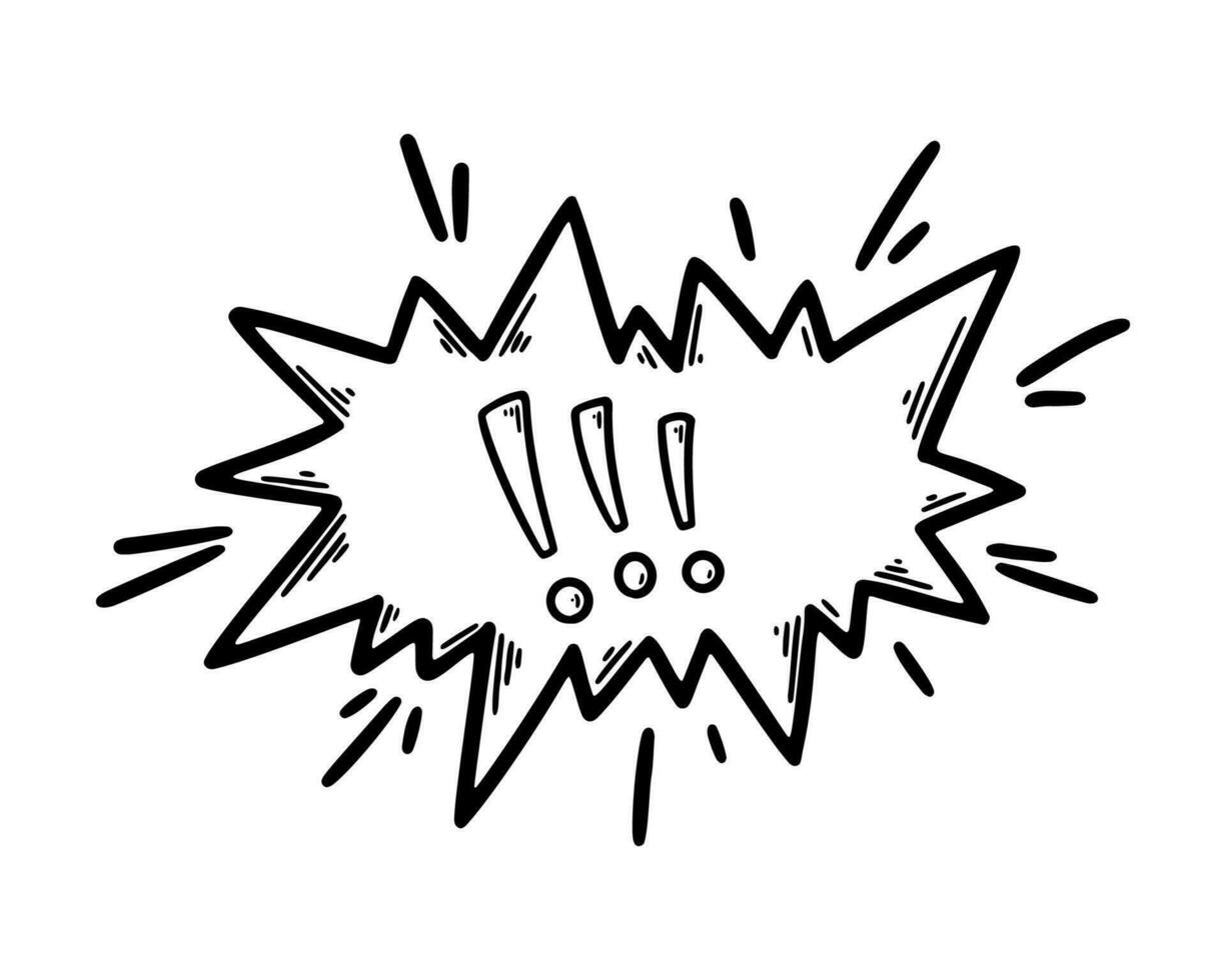 Exclamation mark in speech bubble. Doodle illustration of scream, talk, angry emotion, aggression expression. Attention or stop sign vector