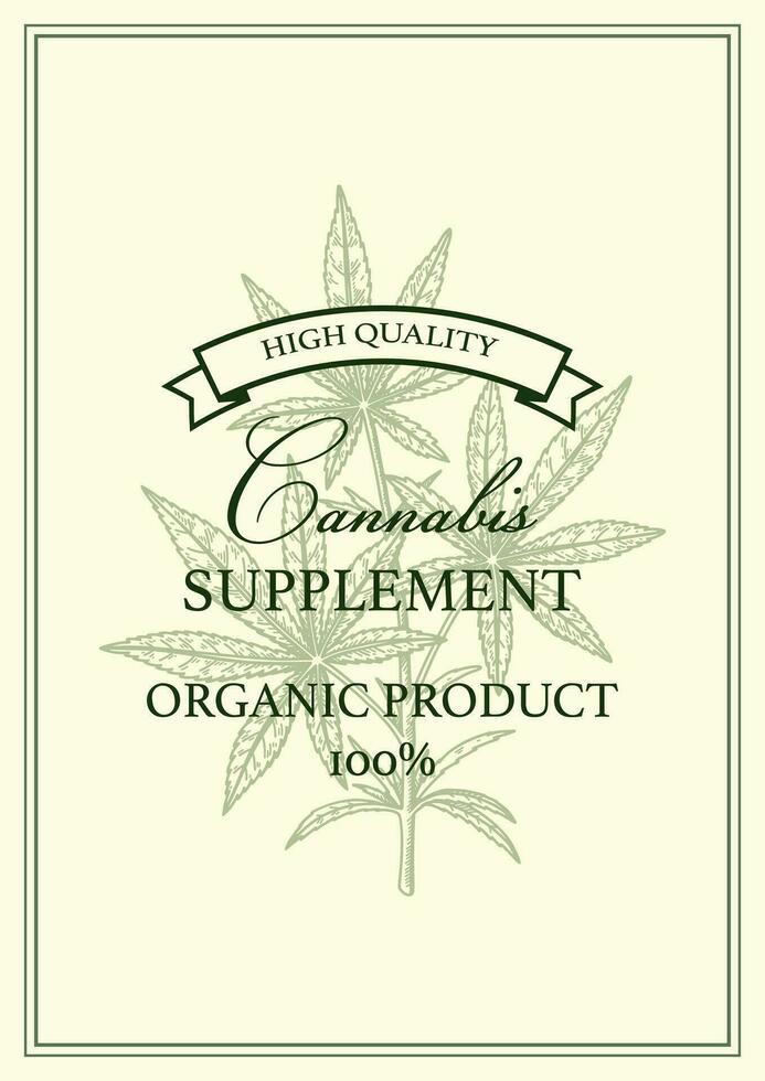 Cannabis vertical design for packaging, social media posts, store decoration, branding, certificates. Marijuana vector illustration in sketch style. Hemp engraved background