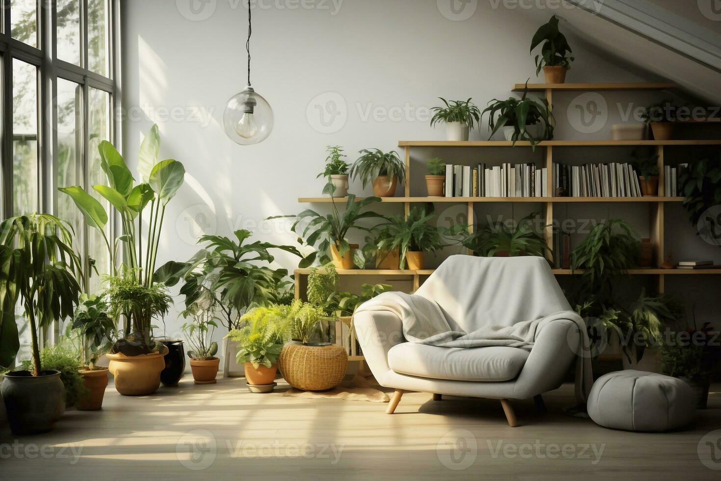 A shot of Living room interior with sofa, bookshelf and plants in pots Generative AI photo