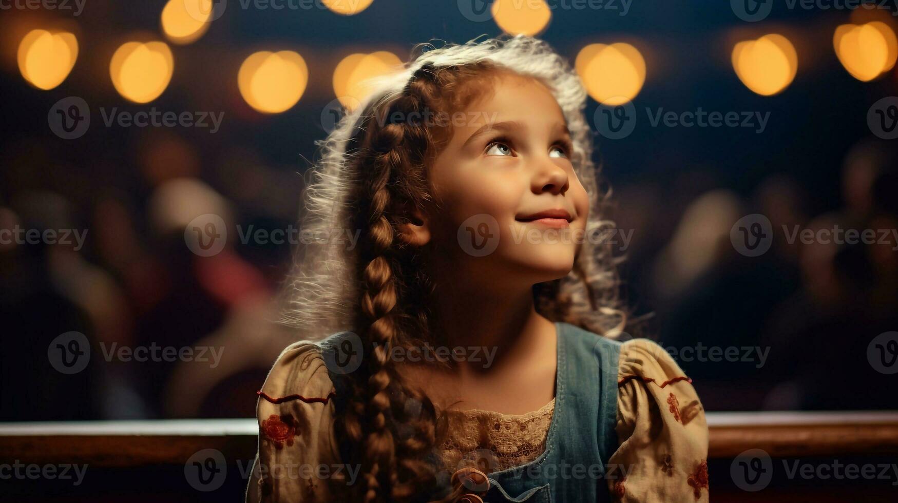 A image of Cute little girl with braids in a red dress sitting in the auditorium. Generative AI photo