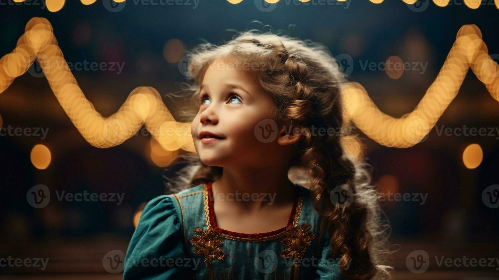 A photo of Cute little girl with braids in a red dress sitting in the auditorium. Generative AI
