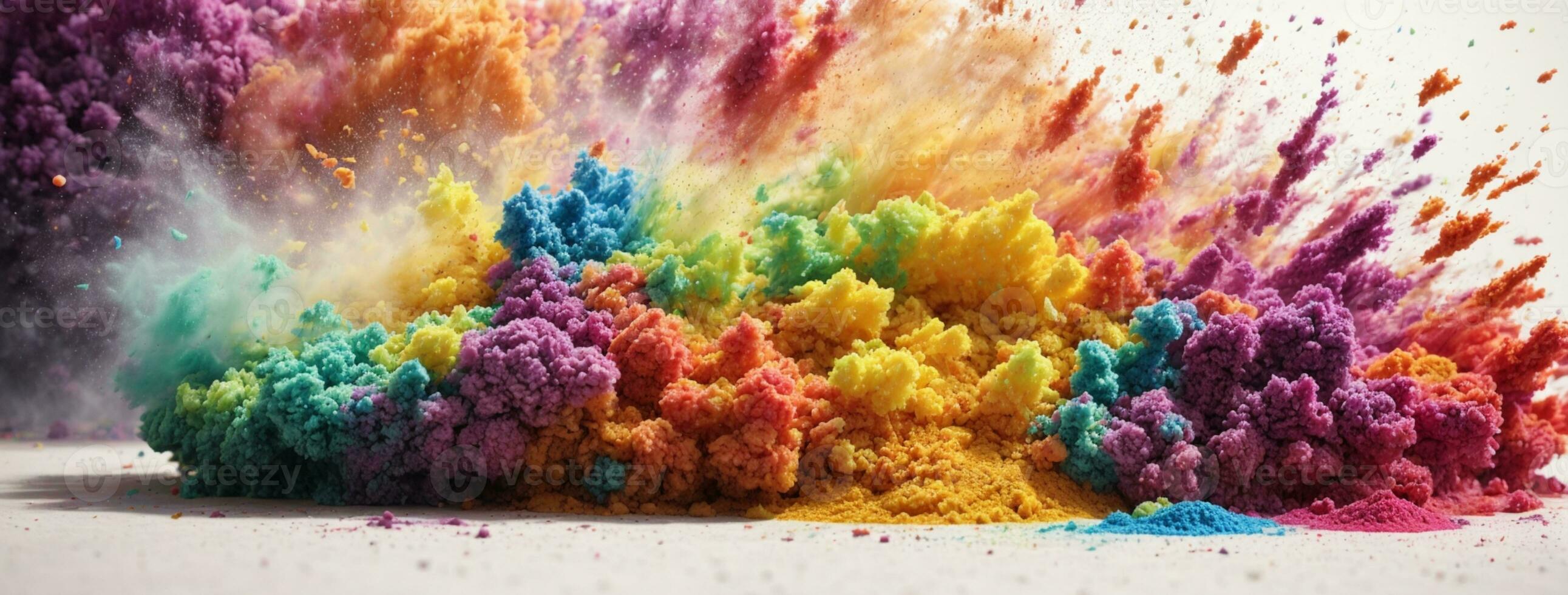 colorful rainbow holi paint color powder explosion isolated white wide panorama background. AI generated photo