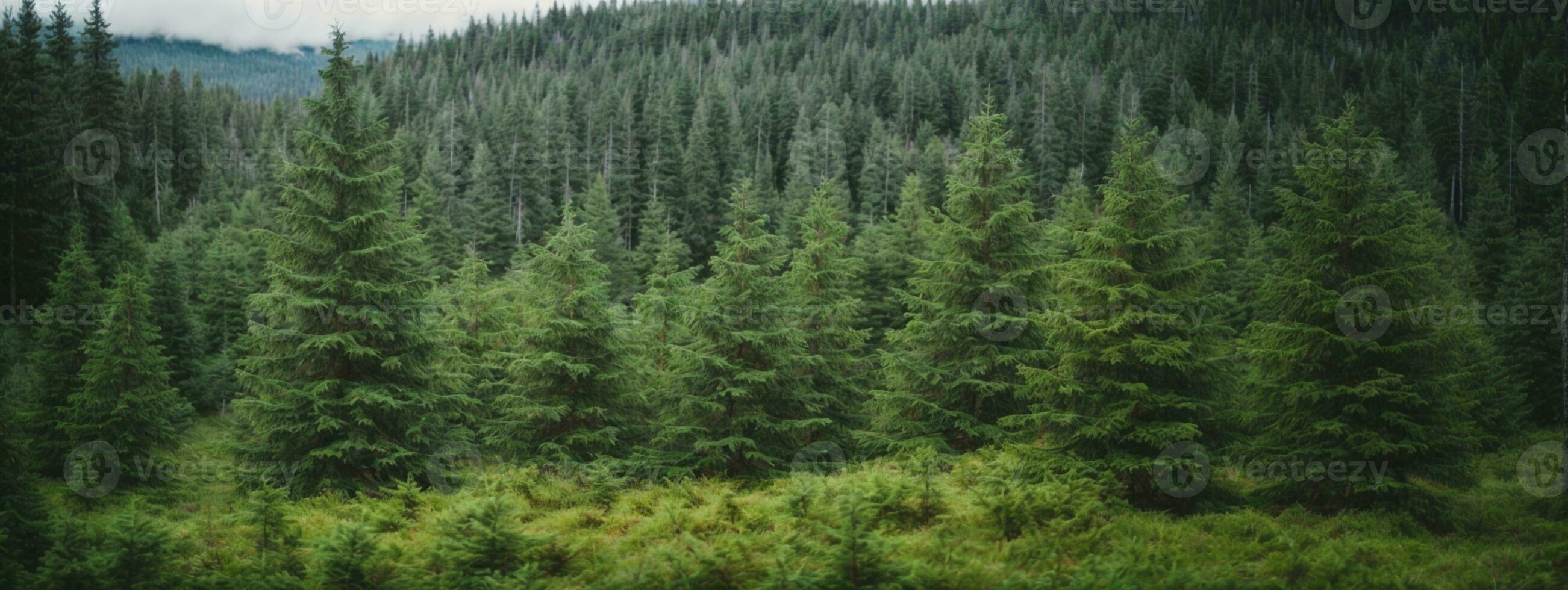 Healthy green trees in a forest of old spruce, fir and pine. AI generated photo