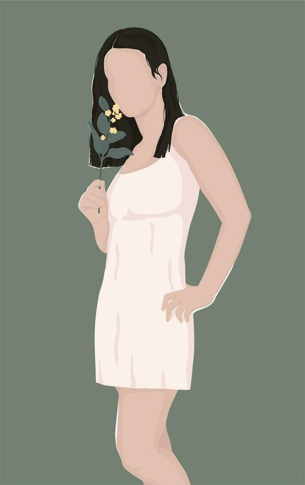 girl in a white mini dress holding a flower. vector flat illustration. for postcards, banners, posters, magazine or book covers.