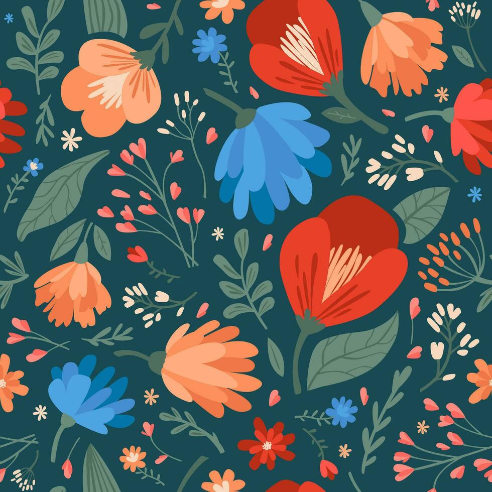 Colorful seamless pattern of wild flowers and leaves. Modern vector illustration