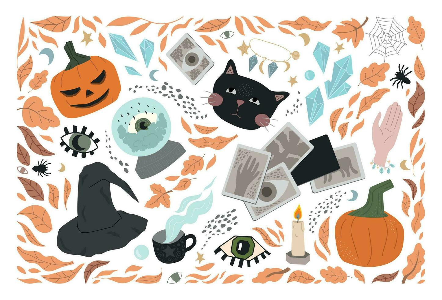 big set of cute Halloween stickers - black cat, eyes, witch hat, pumpkins, spiders, fortune telling ball, cards, crystals, autumn leaves. flat illustration. for a postcard, poster or any design. vector