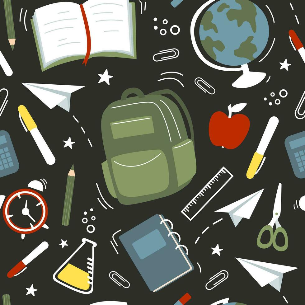 Seamless pattern of school elements - globe, paper clips, backpack, paper planes, pens, books, notebooks. Baby vector illustration.