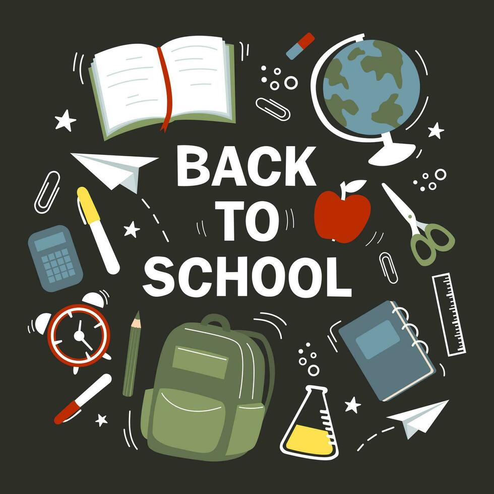 Big set of school elements. Lettering Back to school. Baby vector illustration.