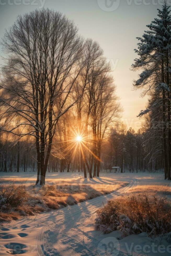 Sunset in the wood in winter period. AI generated photo