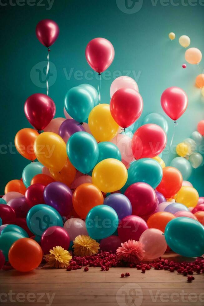 Bunch of bright balloons and space for text against color background. AI generated photo