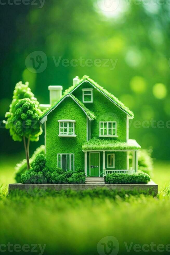 Copiar espacio de hogar y vida concepto. pequeño modelo hogar en verde césped con luz de sol resumen fondo.. ai generado foto
