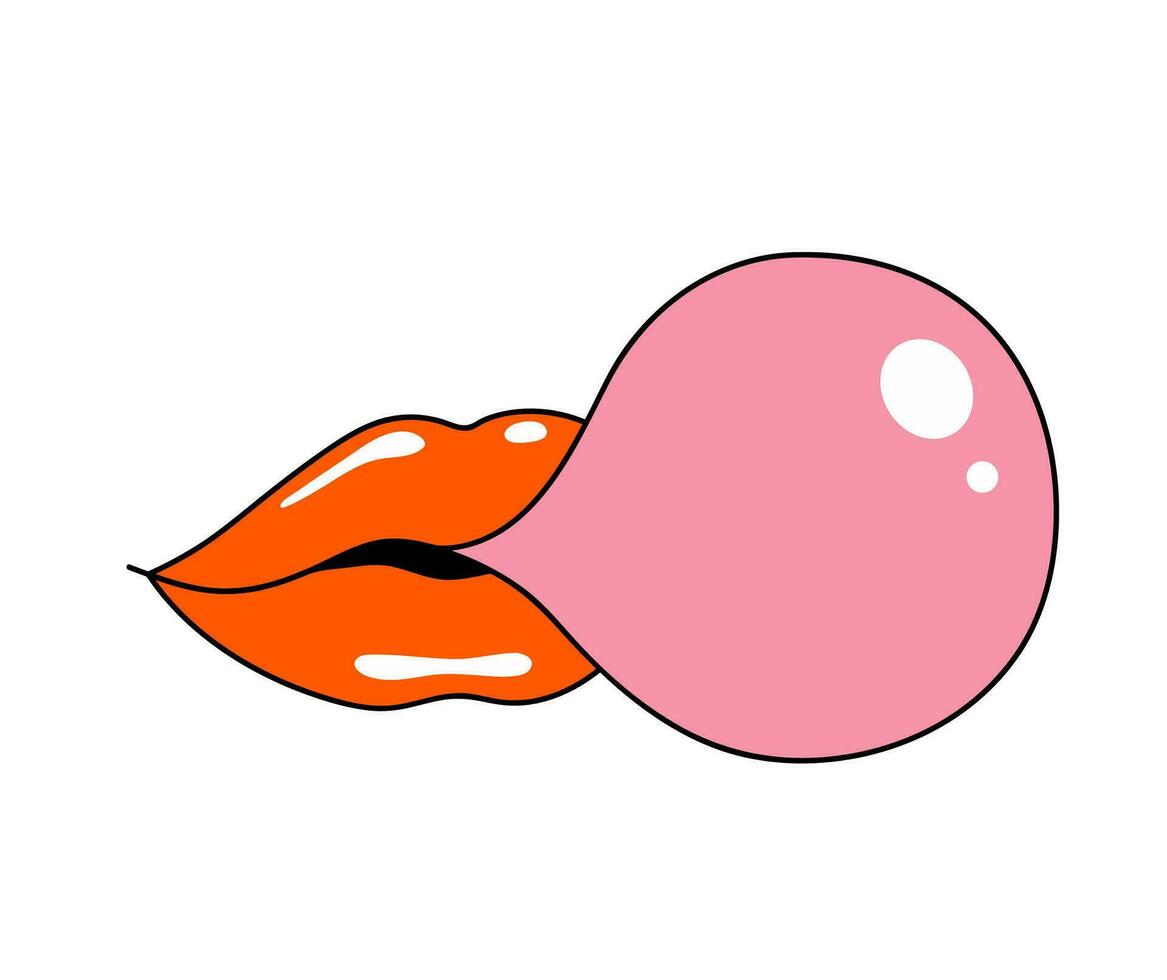 Female mouth blowing a bubble of pink chewing gum. Woman red lips chews bubble gum. Retro style. 70s, 80s, 90s vibe. Flat vector illustration isolated on white background.