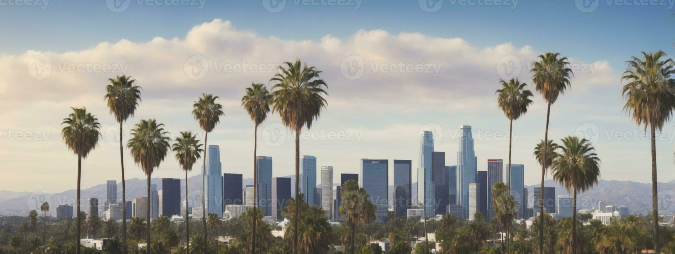 Los Angeles skyline with palm trees in the foreground. AI generated photo