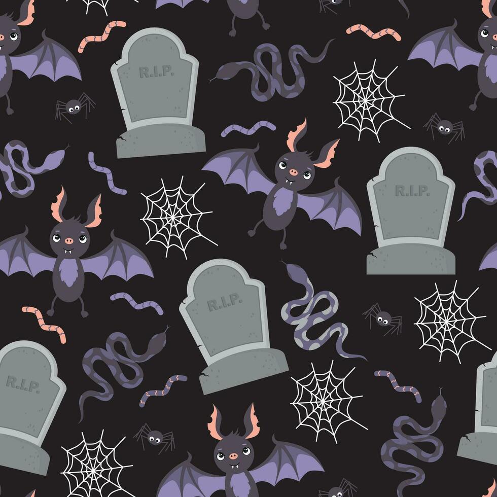 Vector seamless pattern with bats and gravestones on a black background