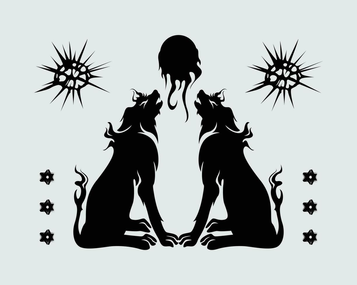 Two black wolf silhouette illustration vector clip art, eclipse moon, fox, t shirt design, stealth editable