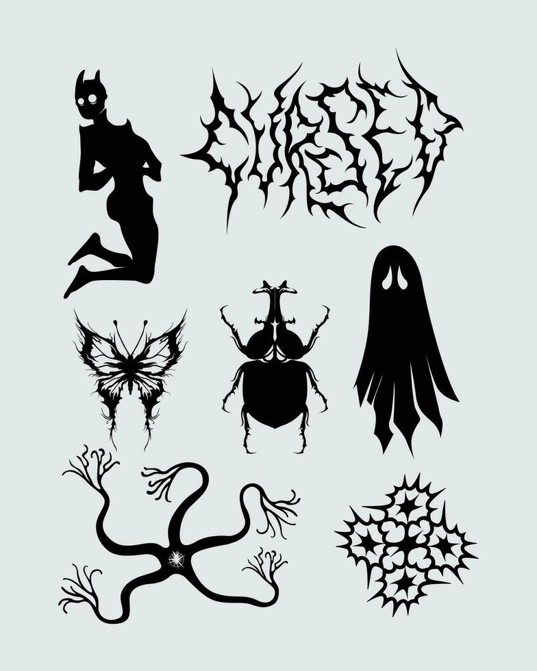 sharp metal symbol brutalism element shape collection set acid poster, tattoo, tribal illustration vector creepy tshirt design, symbol sick editable