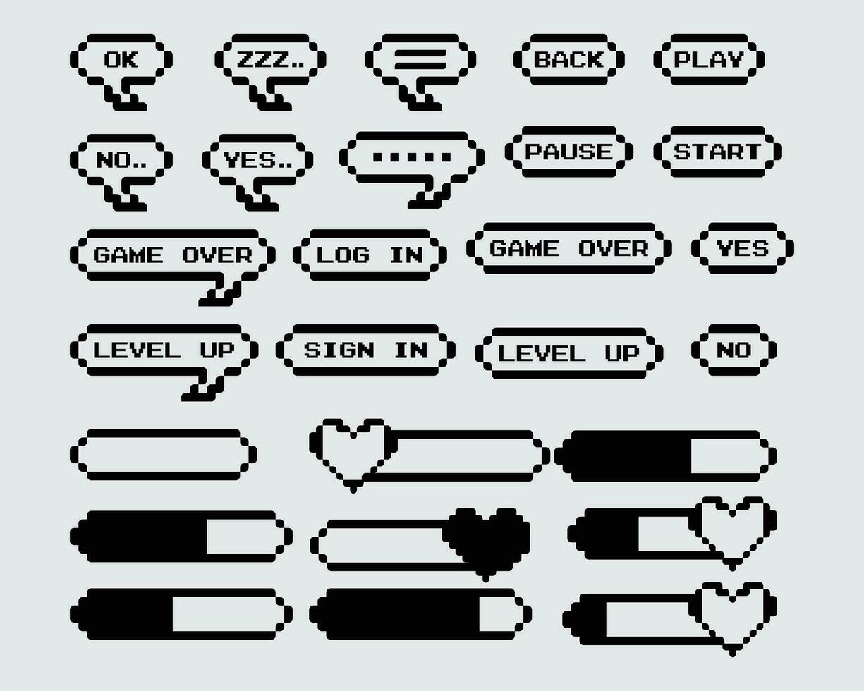 Game props collection set pixel monochrome speech bubble dialog chat 8 bit computer old UI style graphic icon editable vector