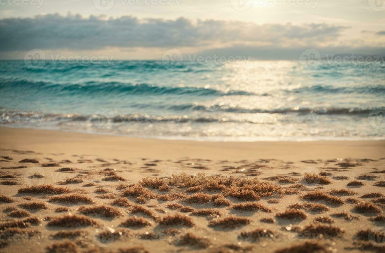 Seascape abstract beach background. blur bokeh light of calm sea and sky. Focus on sand foreground.. AI generated photo