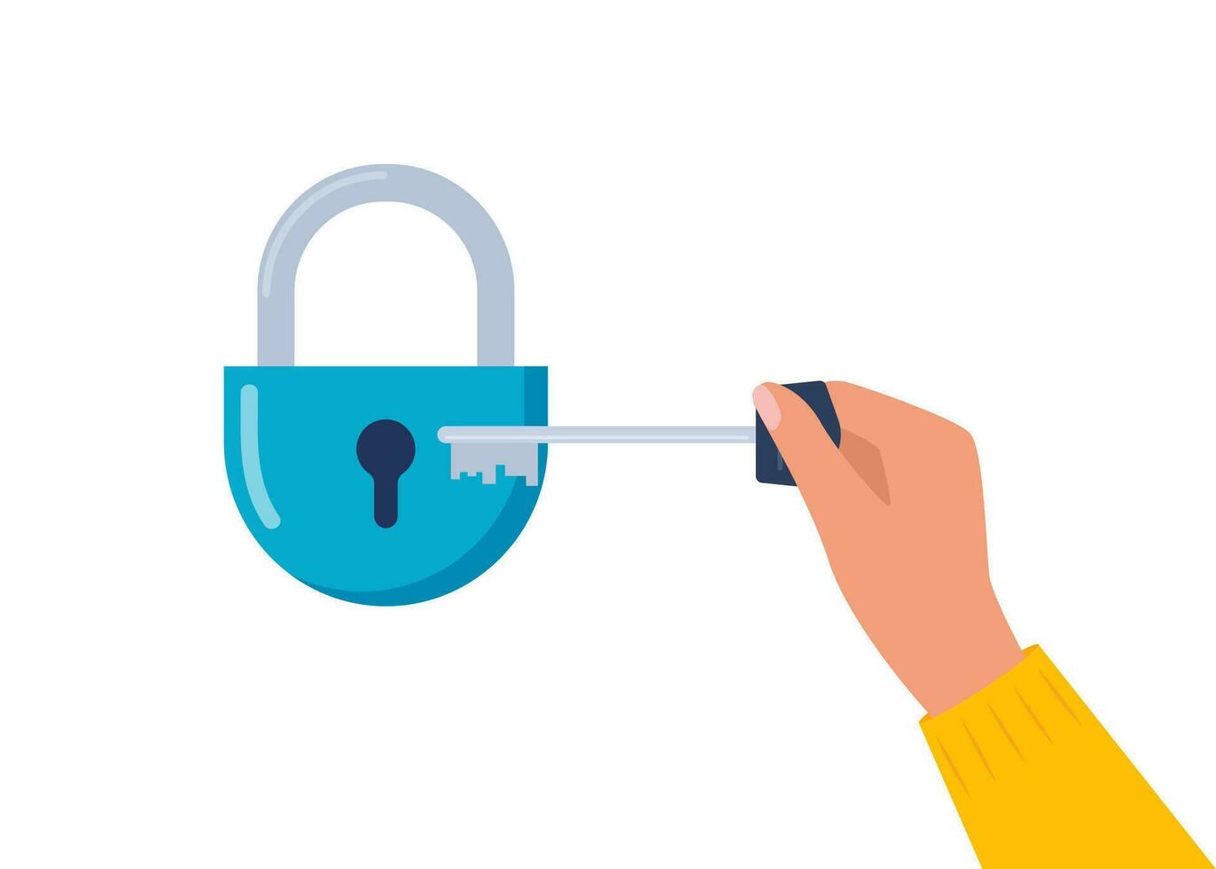 Hand holding key to unlock padlock. Metal key and a blue lock. Vector illustration.