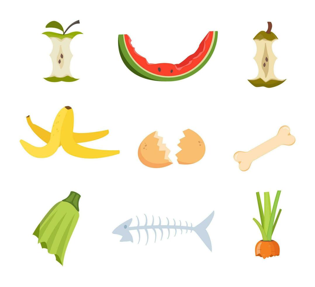 orgánico desperdiciar, comida compost colección aislado en blanco antecedentes. plátano y sandía corteza, pescado hueso, manzana tocón, cáscara de huevo, Zanahoria tapas vector ilustración.