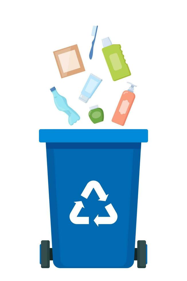 Garbage sorting set. Blue Bin with recycling symbol for plastic waste. Vector illustration for zero waste, environment protection concept.