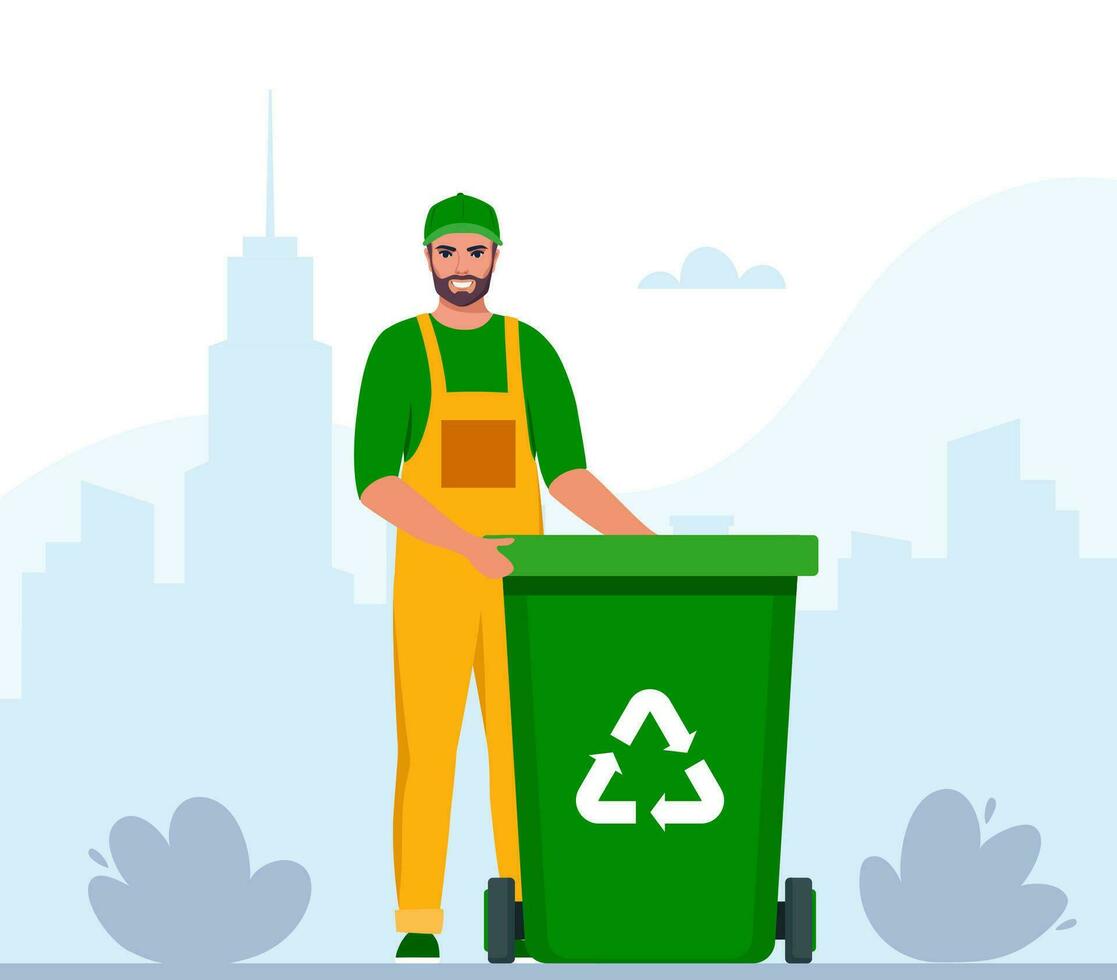 Garbage man in uniform with green trash bin and recycling symbol on it. Garbage sorting. Zero waste, environment protection concept. Vector illustration.