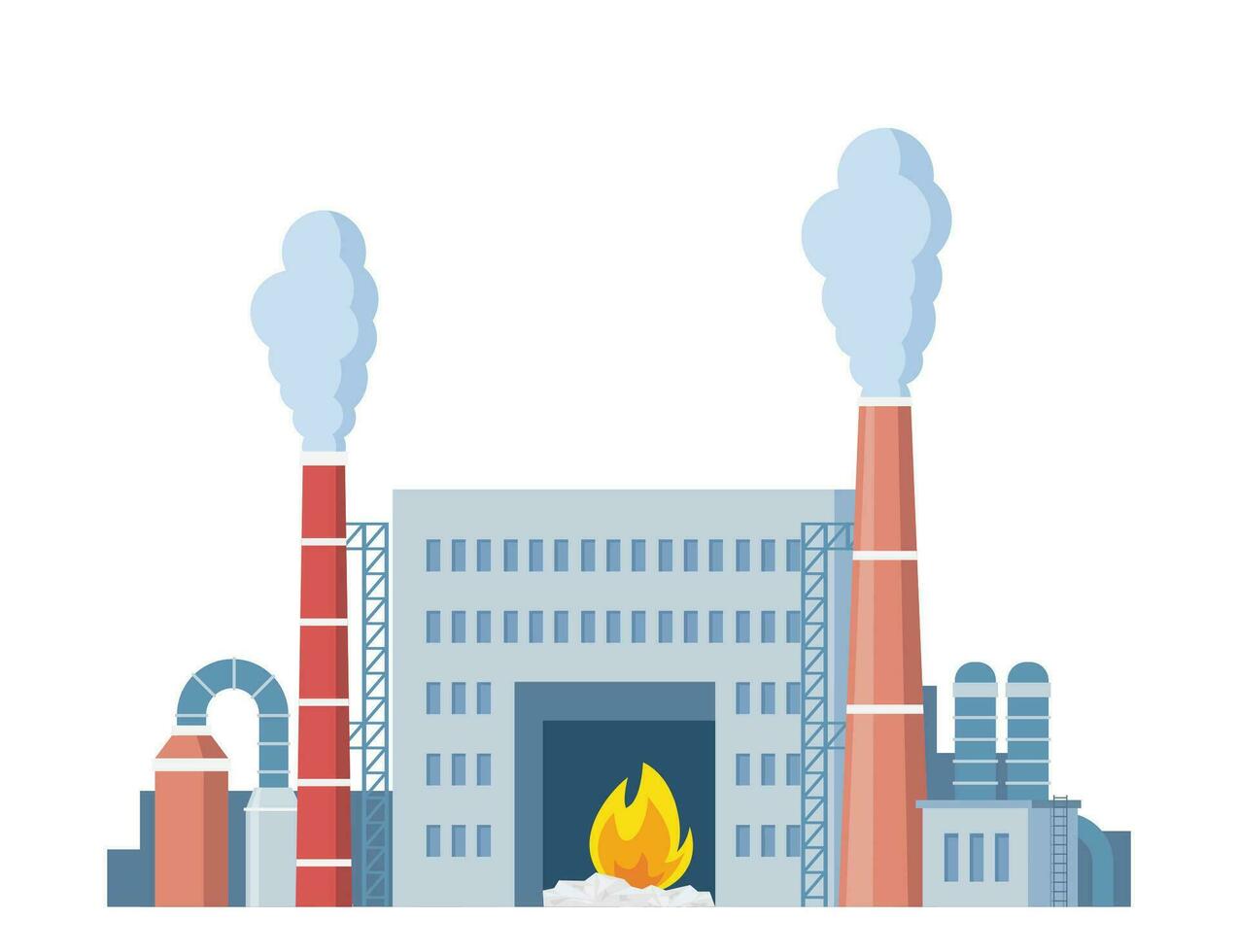 Incineration plant. Waste factory. Trash transportation and recycling. Rubbish disposal. Smoke pipes. Nature pollution. Industrial production building. Vector illustration.