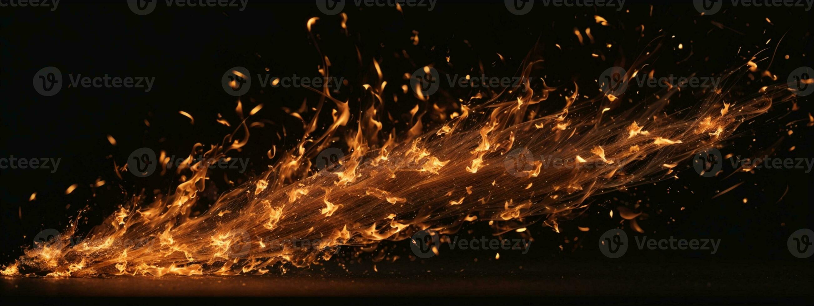 Detail of fire sparks isolated on black background. AI generated photo