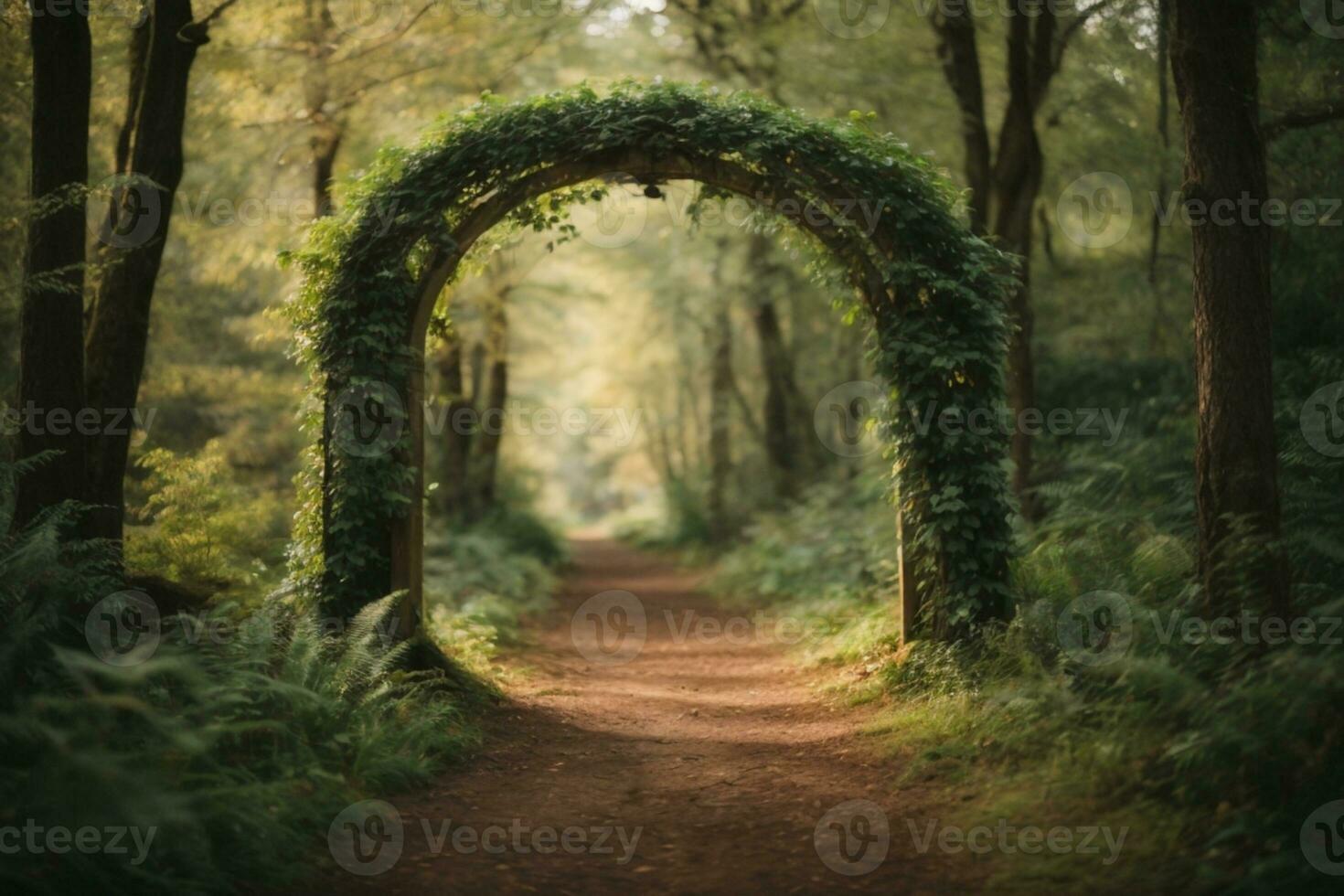 Natural archway shaped by branches in the forest. AI generated photo
