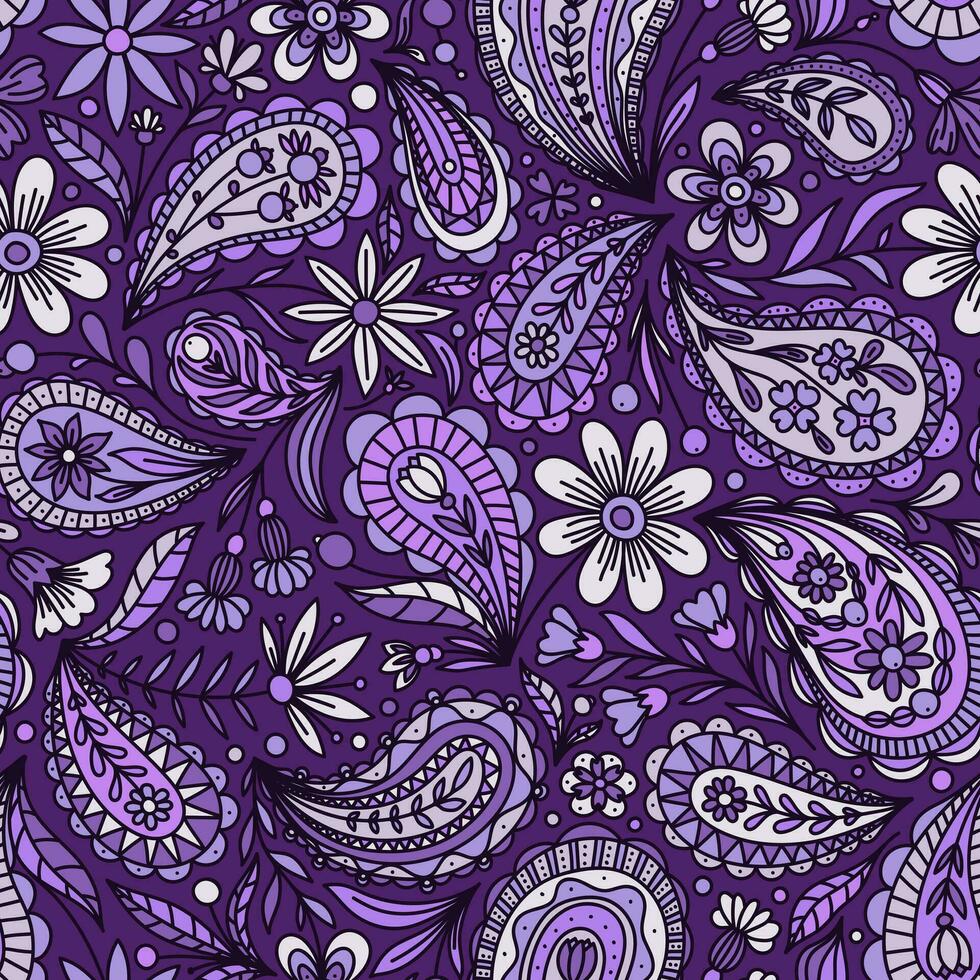 LILAC VECTOR SEAMLESS BACKGROUND WITH MULTICOLORED FLORAL PAISLEY ORNAMENT