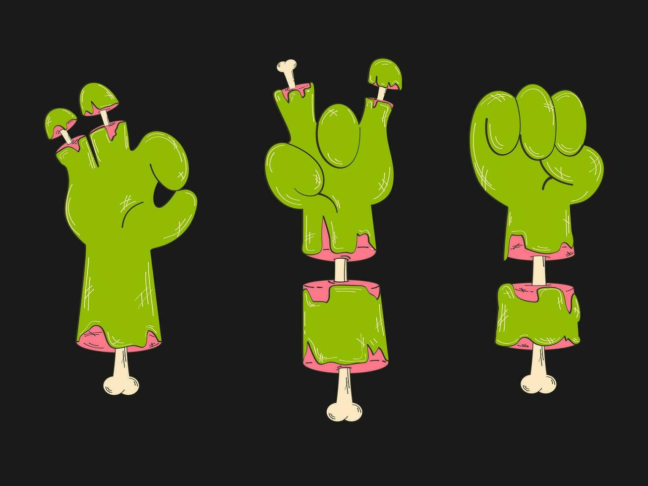 Zombie hands in retro cartoon style. Scary green hands. Vector, flat illustration. vector