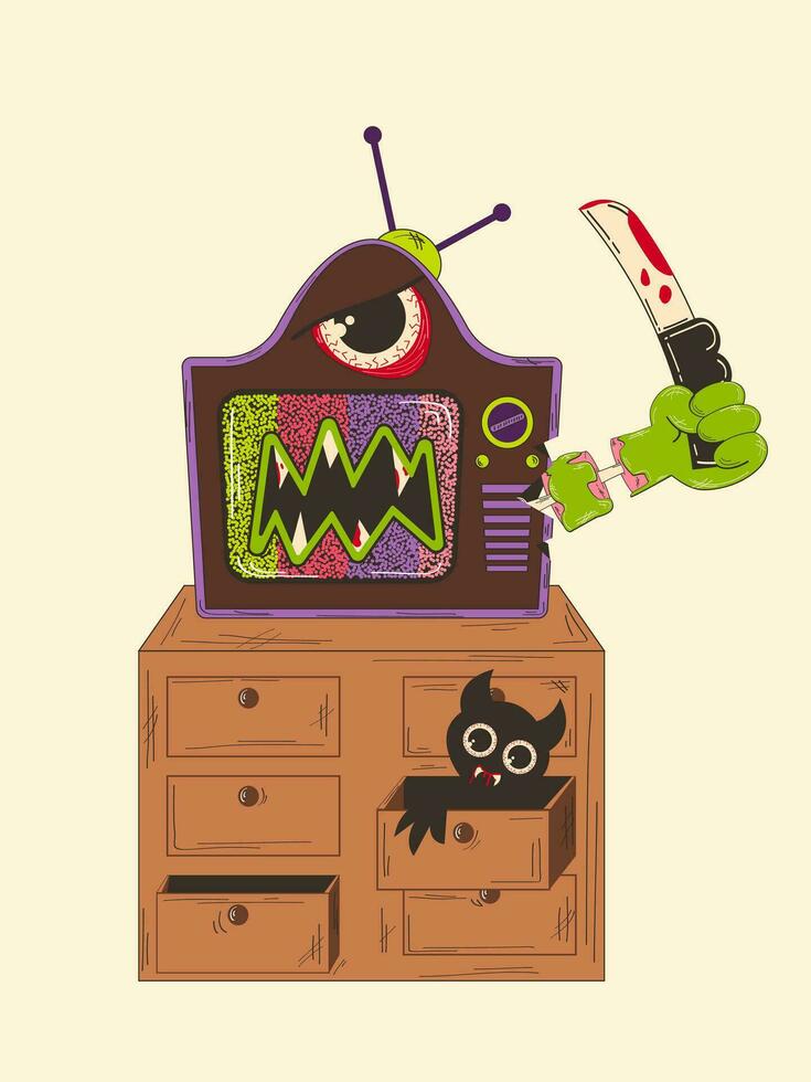 Scary TV monster in retro cartoon style. Horror themed scene. TV waves background, no signal. Ghost concept. vector