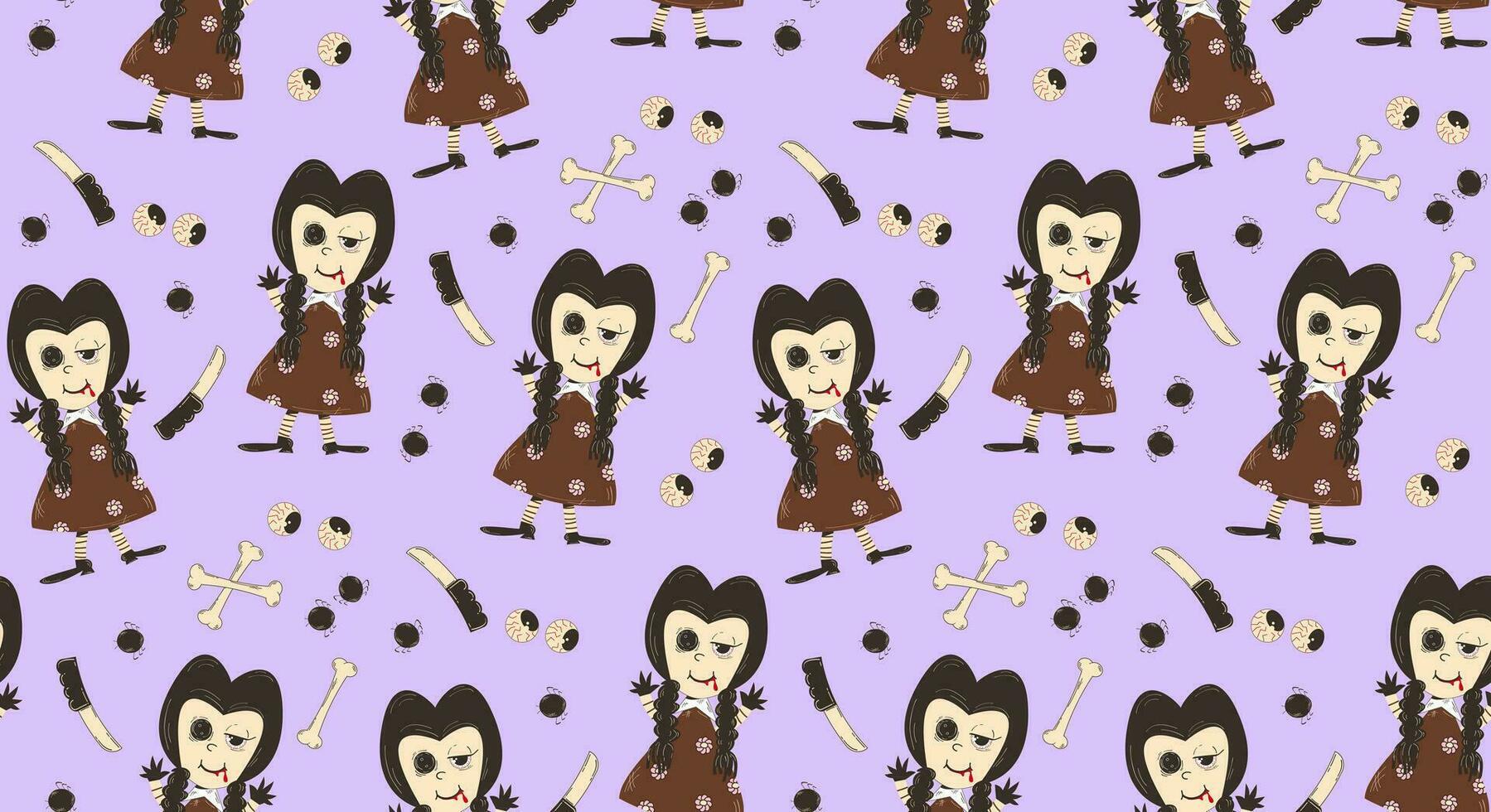 Colorful seamless background for Halloween. Pattern with a scary vampire doll in retro cartoon style. Trendy, modern, festive background. vector