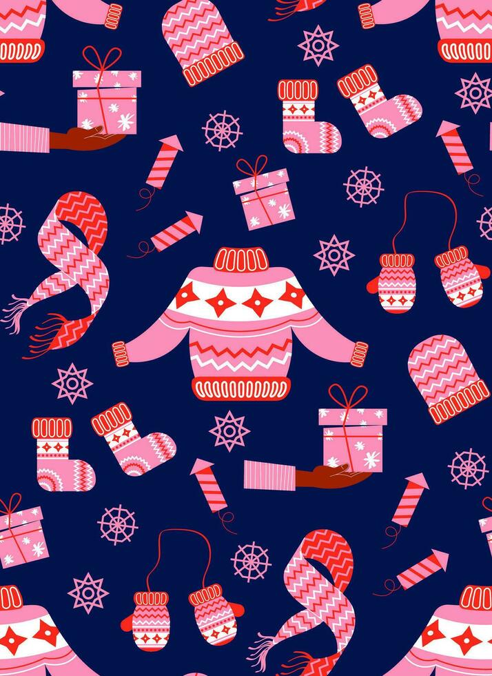 Winter seamless pattern. Vector background of winter accessories in flat style. Sweater, gloves, socks and other elements are pink with ornaments.