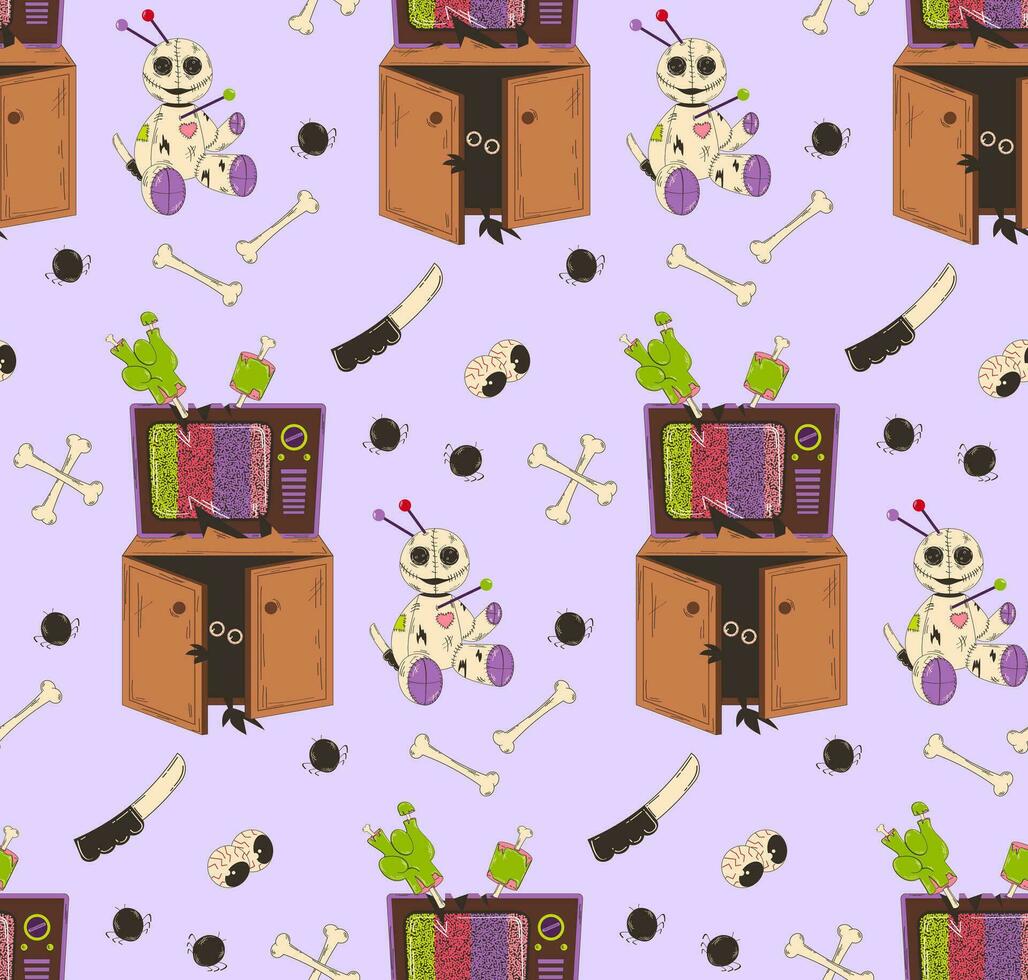 Colorful pattern for Halloween. TV-monster in a retro cartoon style. Trendy vector background.