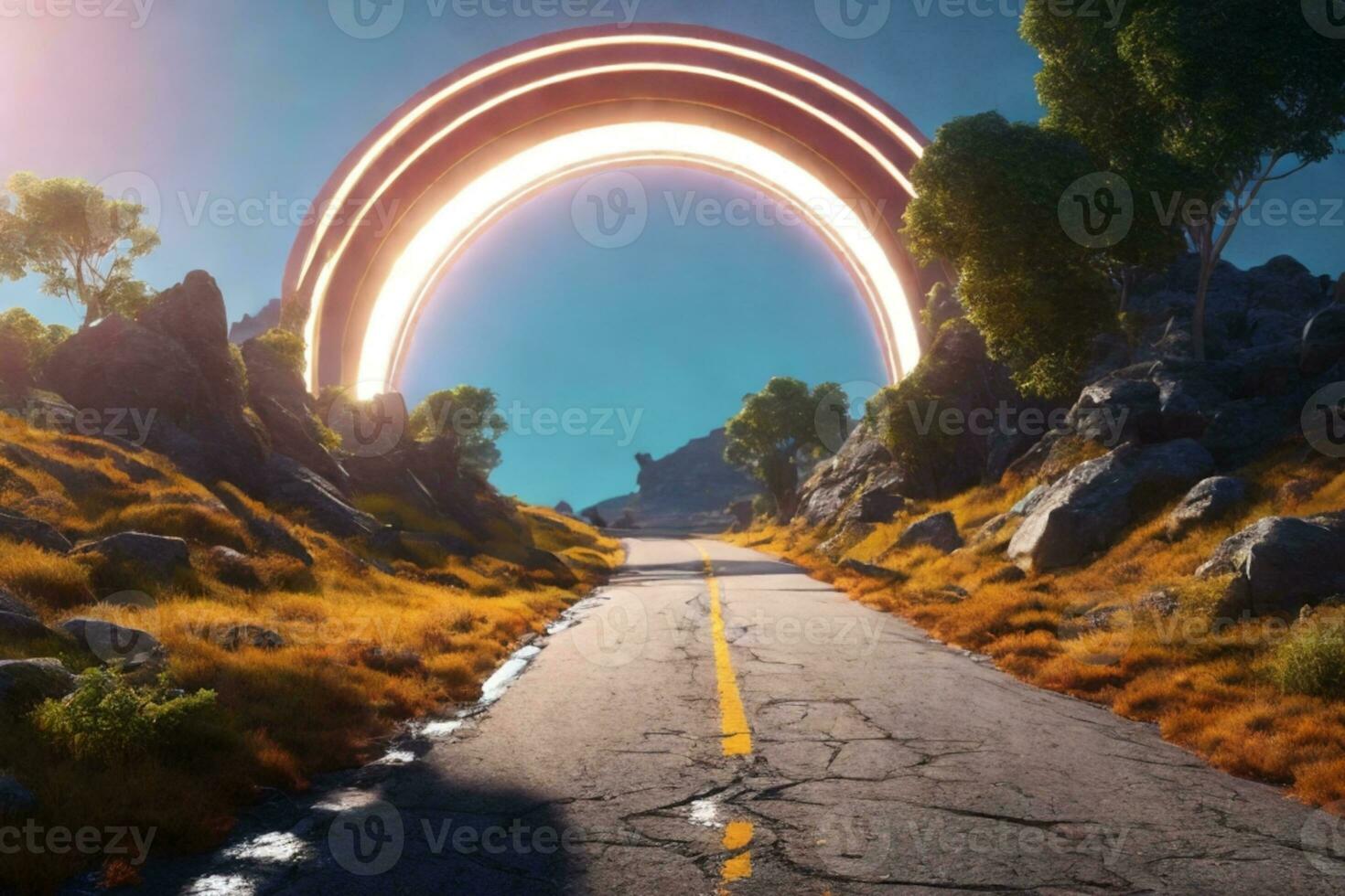 mage related to unexplored road journeys and adventures.Road through the scenic landscape to the destination in Lanzarote natural park. AI generated photo