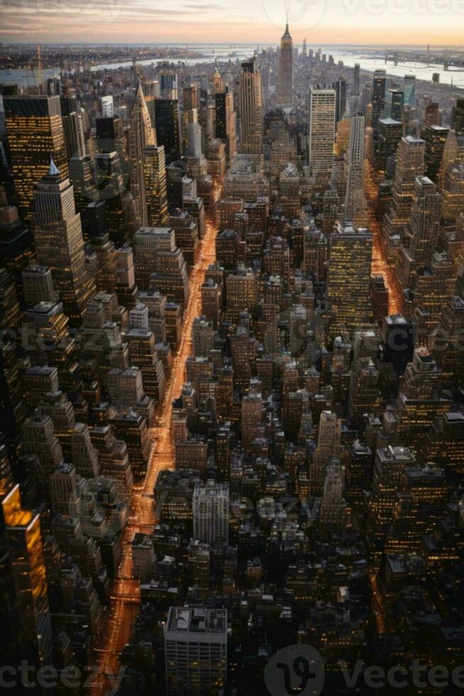 Sunset view of New York City looking over midtown Manhattan. AI generated photo