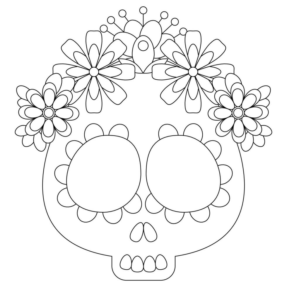 Mexican sugar skull with flowers coloring page vector