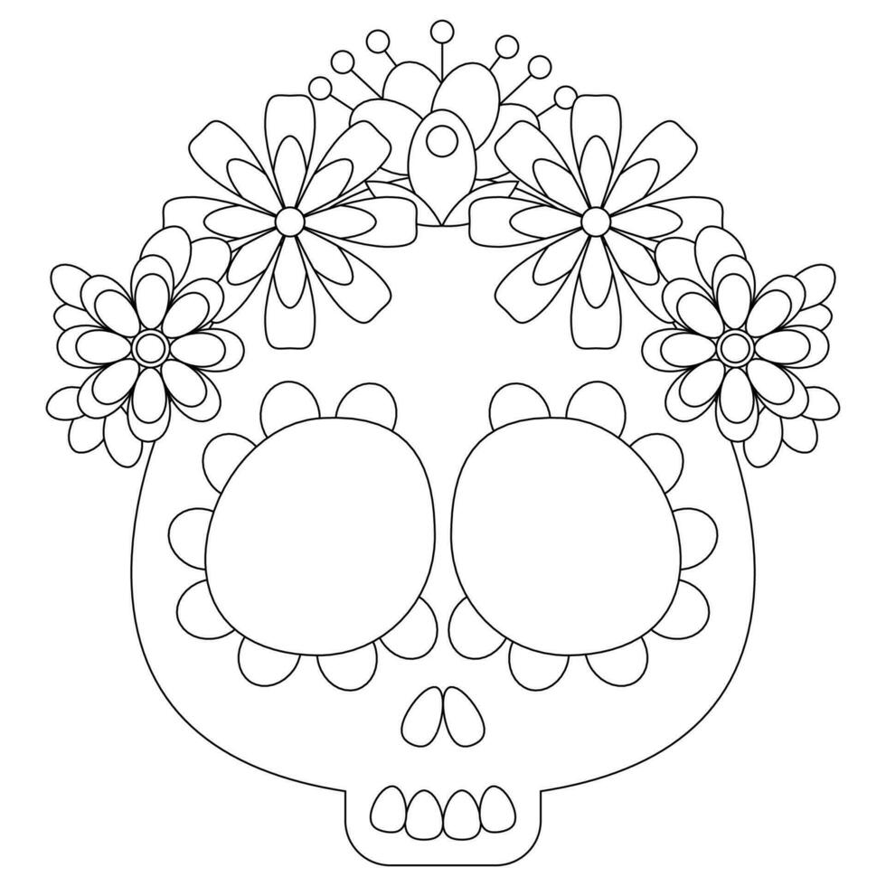 Mexican sugar skull with flowers coloring page vector