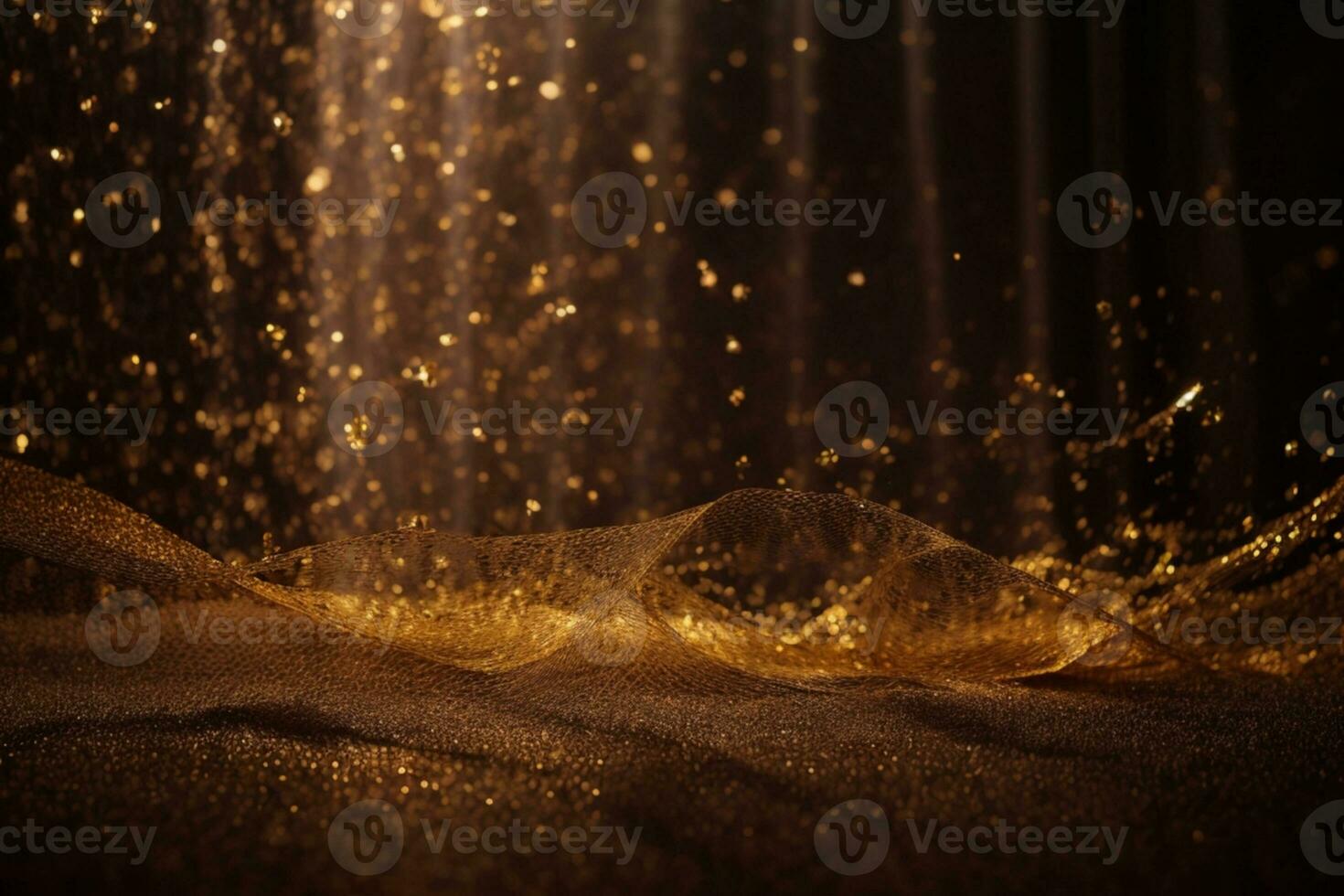 Dark brown background, digital signature with particles, sparkling waves, curtains and areas with deep depths. The particles are golden light lines.. AI generated photo