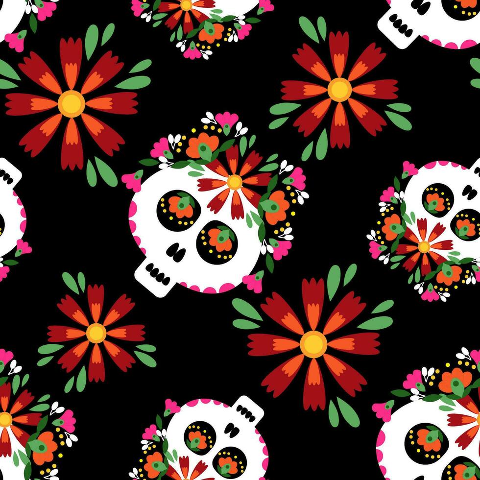 Mexican sugar skull with flowers seamless pattern on black background vector