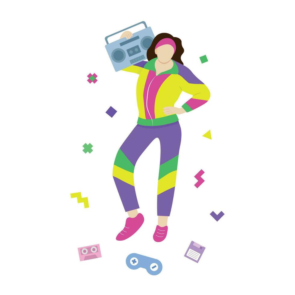 Girl in 90s style with a tape recorder on her shoulder, flat vector, isolated on white, faceless illustration, bright clothes vector