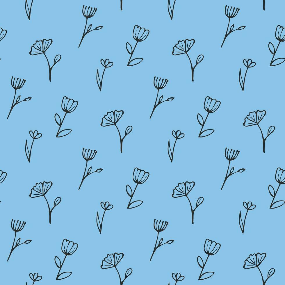 Seamless pattern, hand drawn flowers on a blue background, flat vector, scandinavian pattern vector