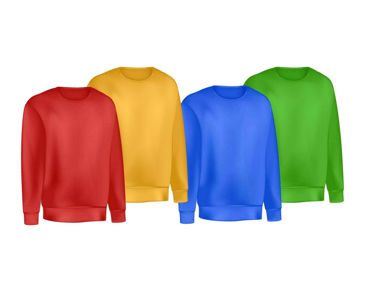 Colors mans clothing set of sweatshirt and raglan sweater. Fashion illustration of sports uniform t shirt. Blank vector template front views. Isolated on white background.