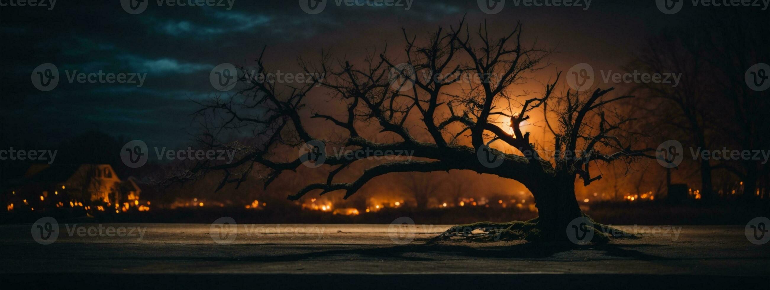 antiguo madera mesa y silueta muerto árbol a noche para Víspera de Todos los Santos fondo.. ai generado foto