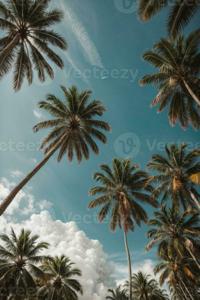 Blue sky and palm trees view from below, vintage style, tropical beach and summer background, travel concept. AI generated photo