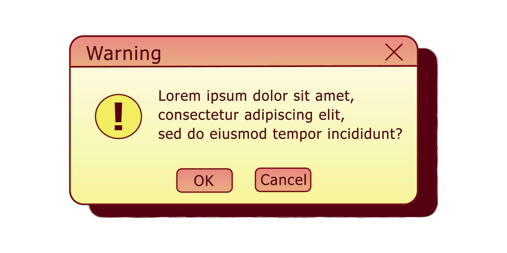 Warning dialog box. Retro PC user interface aestetic. 80s 90s old computer user interface element and vintage aesthetic icon. vector