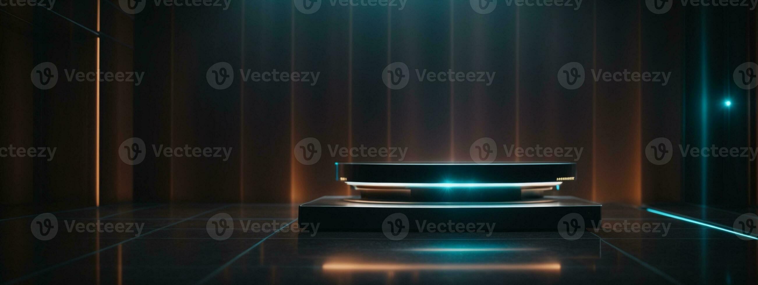 Futuristic dark podium with light and reflection background. AI generated photo
